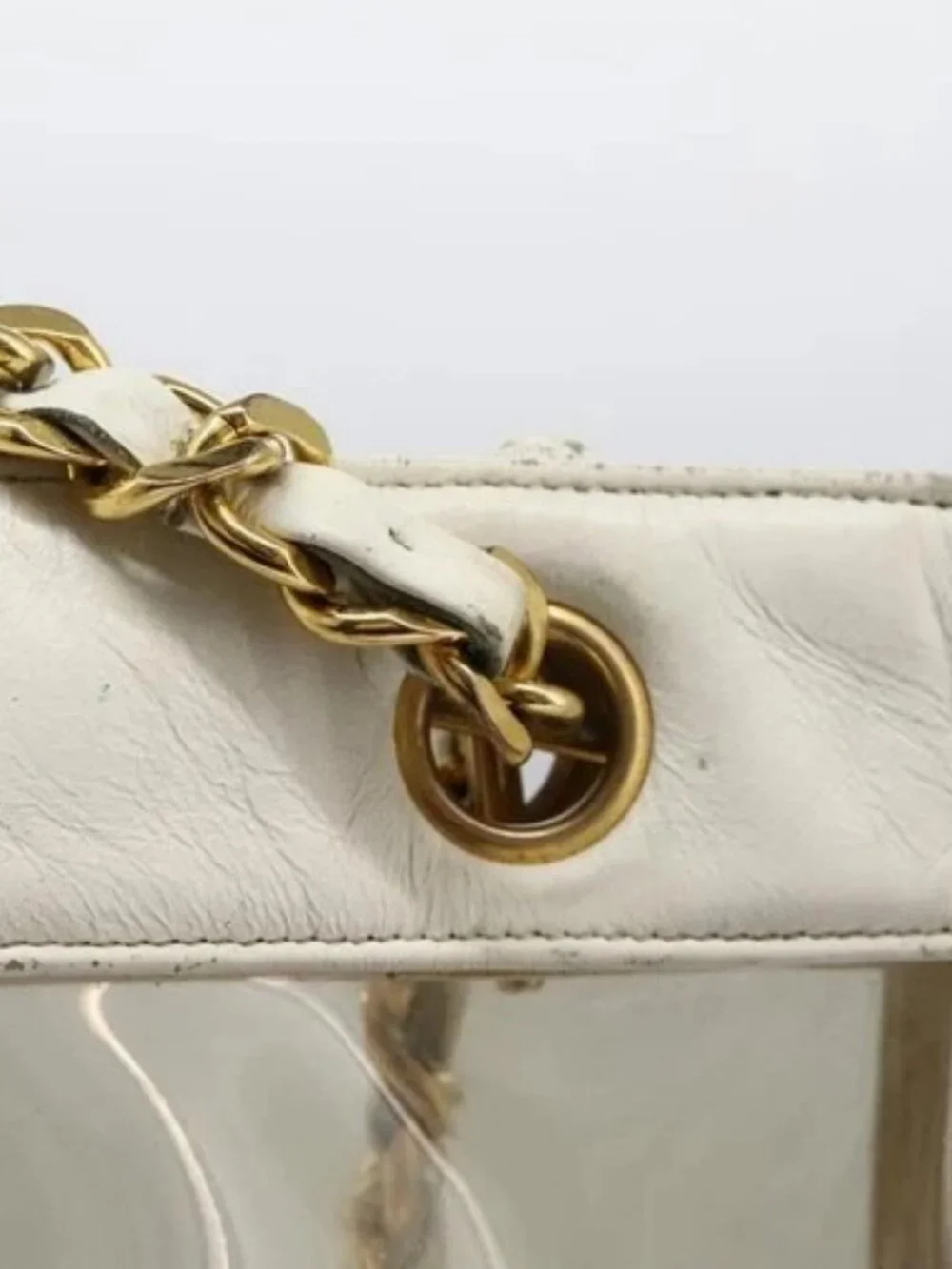 CHANEL Triple Coco Chain Tote Bag Vinyl Leather White Gold CC Auth bs23423